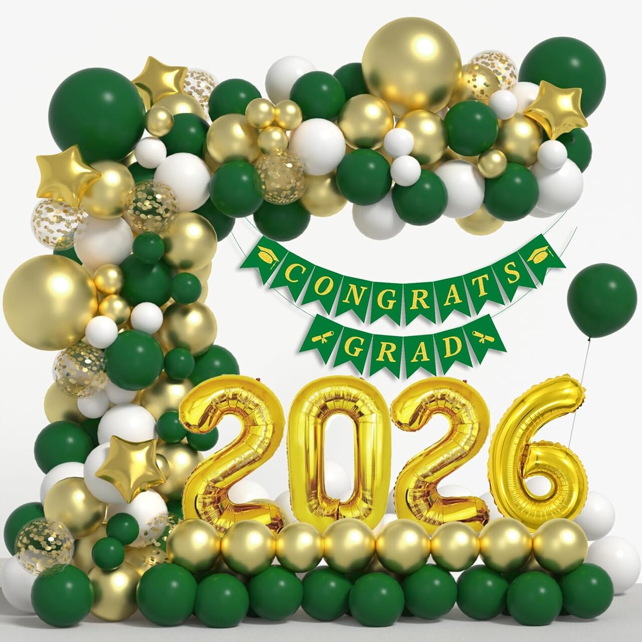 Graduation Decorations Class of 2026: Green and Gold Graduation Balloon Arch Garland Kit and Gold Confetti Balloons Congrats Grad Banner 2026 Foil Balloon Decorations For Grad Party